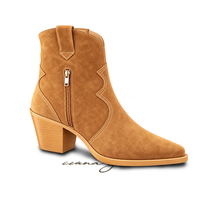 ORESTIS cognac western ankle boot by Ivana Grossi with side zipper and pointed toe